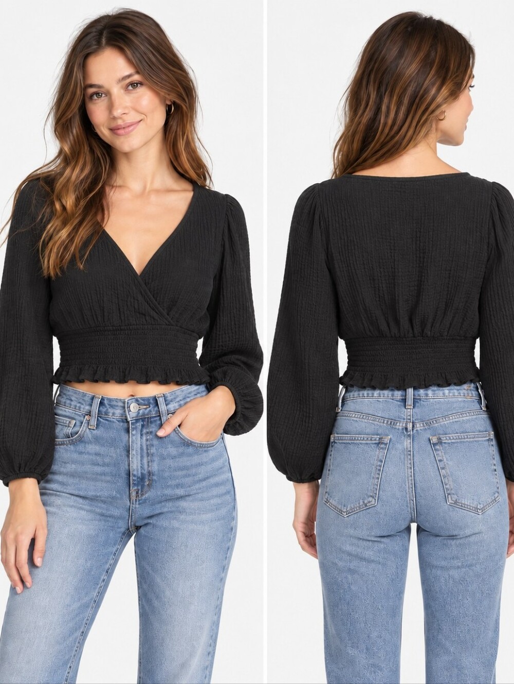 Madewell Black Smocked Crop Top Gauze V Neck Puff Sleeve Blouse Medium
